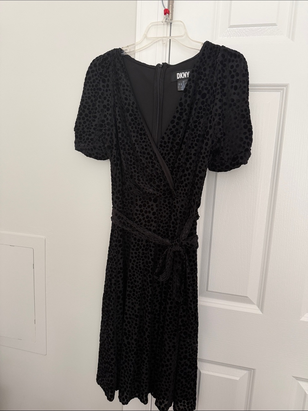 DKNY Black Velvet Dot Wrap Midi Dress